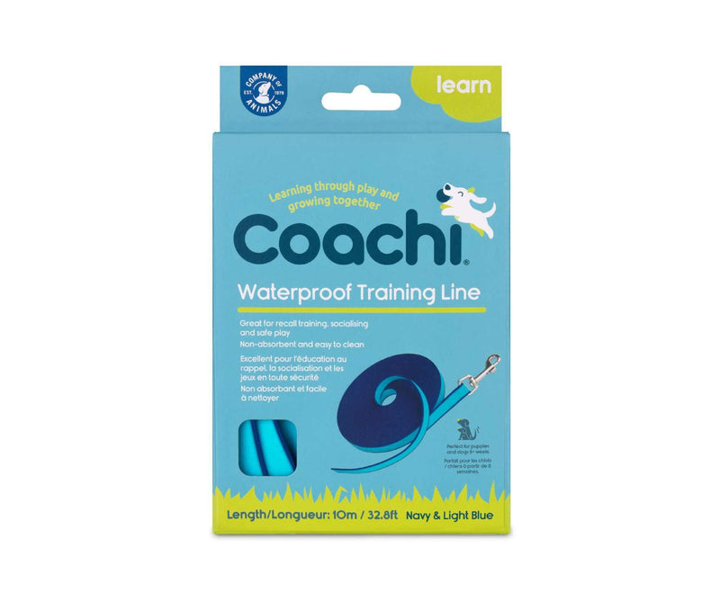 Coachi Waterproof Long Training Line 10m navy and light blue dog recall and safety lead in packaging