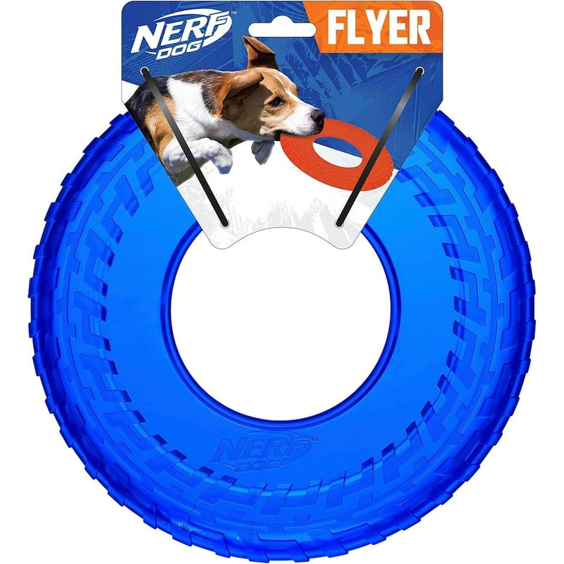 Durable 10" Nerf Dog Tyre Flyer frisbee in blue, designed for high-energy play and fetch.