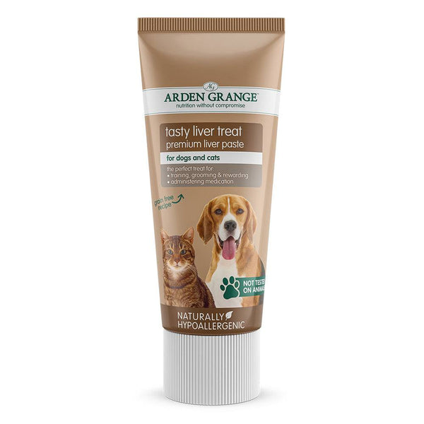 Arden Grange Tasty Liver Paste Treats for Cats and Dogs, 75 g tube with pet images.