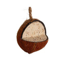 Natural coconut bird feeder filled with suet, seeds, and mealworms, eco-friendly and easy to hang