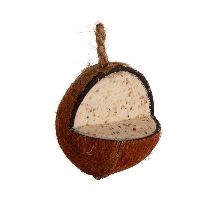 Natural coconut bird feeder filled with suet, seeds, and mealworms, eco-friendly and easy to hang