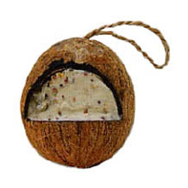 Natural coconut bird feeder filled with suet, seeds, and mealworms hanging by a rope