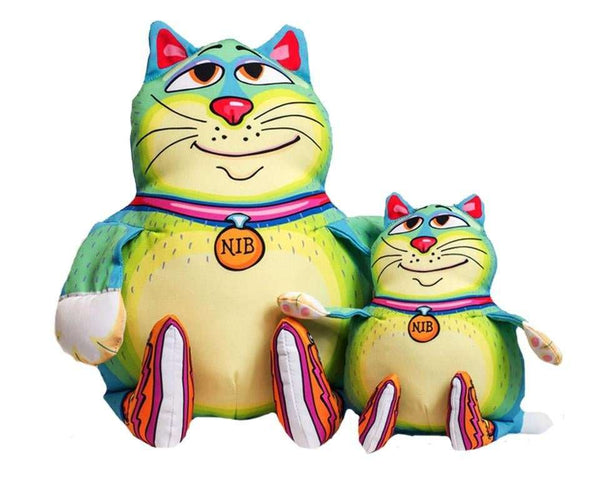 Fuzzu Sneaky Cat Nib dog toy in bright colors with triple stitched seams and squeaker, cat-shaped plush for playful pups