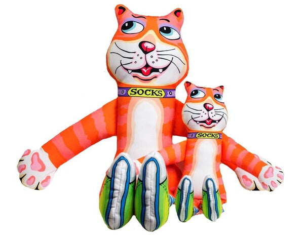 Fuzzu Sneaky Cat Socks dog toy with orange striped cat design and squeaker inside