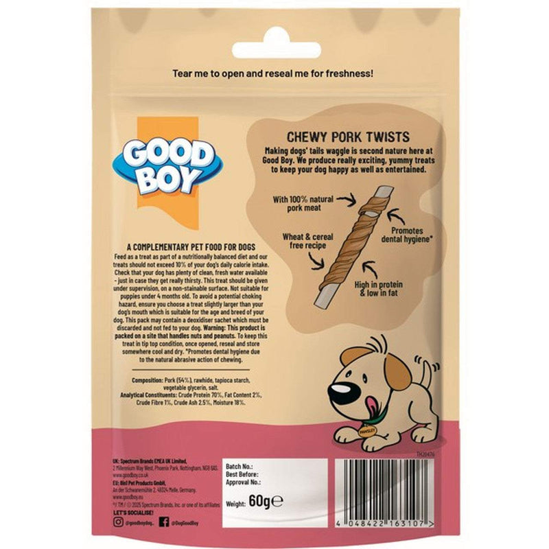 Good Boy Chewy Pork Twists Dog Treats 60g Bag - GoodBoy4048422163107