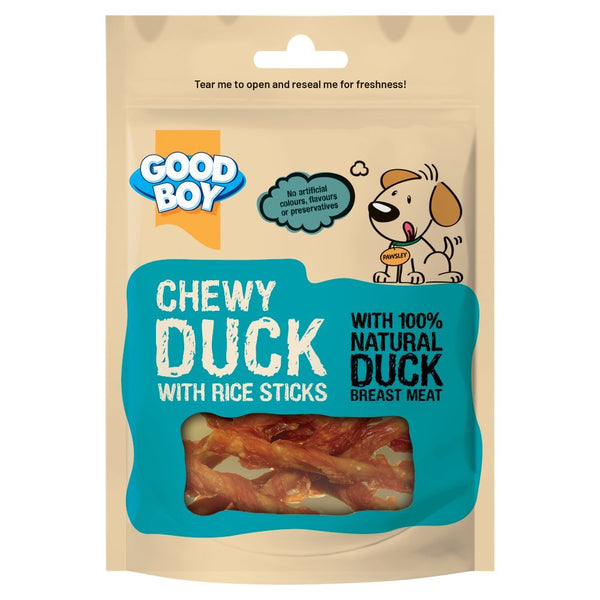 Good Boy Duck and Rice Sticks 70g bag of natural, low-fat dog treats with chewy duck breast meat and rawhide-free recipe