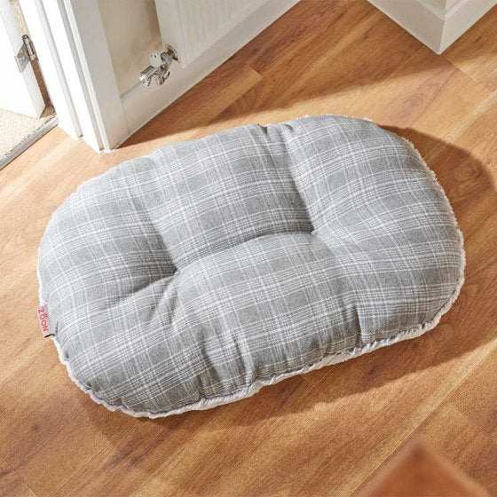 Grey plaid oval cushion mattress dog bed with warm fleece cover, 80 x 55 x 9 cm, machine washable