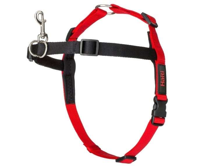 HALTI Front Control Harness in black and red with adjustable straps and metal clip for gentle dog leash control