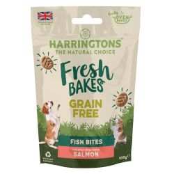 Harringtons Fresh Bakes Salmon Fish Bites dog treats packaging, grain-free and oven-baked.