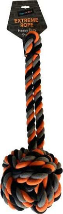 Heavy Duty Rope Dog Toy with black and orange twisted rope and ball handle for professional chewers
