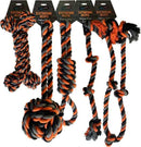 Heavy duty rope dog toys with orange and black twisted ropes in various shapes and sizes for strong chewers