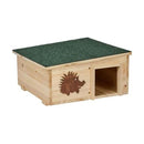 Wooden Hedgehog Home with waterproof felt roof and safety entrance for wildlife gardens and hedgehog nesting.
