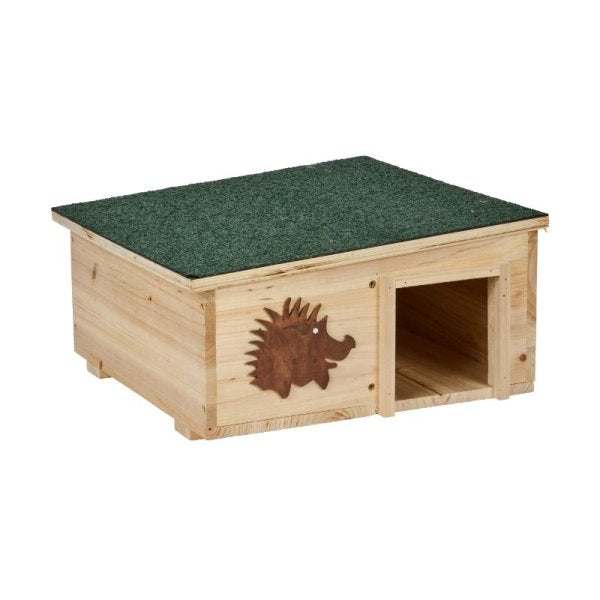 Wooden Hedgehog Home with waterproof felt roof and safety entrance for wildlife gardens and hedgehog nesting.