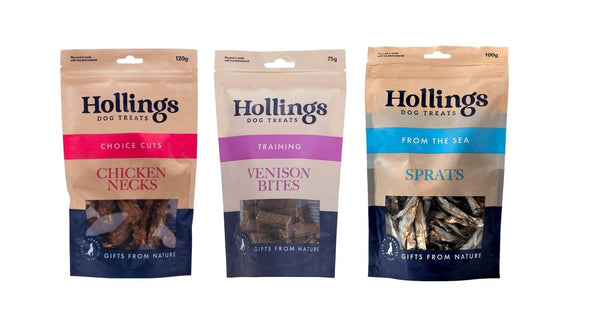 Hollings Chicken Necks, Venison Bites, and Sprats natural dog treats bundle in resealable pouches