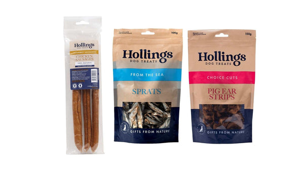 Hollings Chicken Sausage, Sprats, and Pig Ear Strips natural dog treats bundle