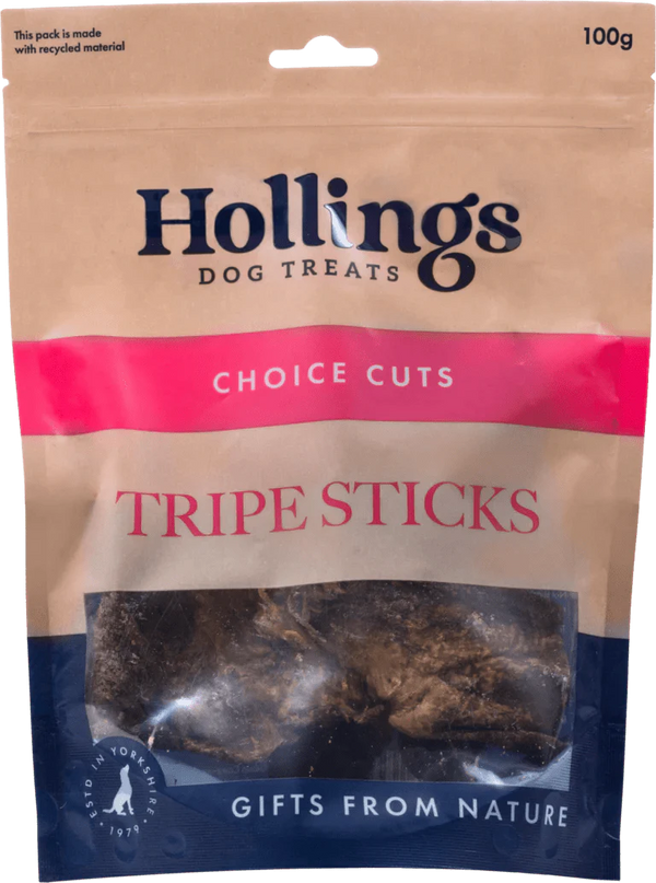 Hollings Tripe Sticks 100g natural grain-free beef dog treats in resealable bag