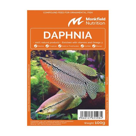 Monkfield Daphnia Frozen Fish Food package with colorful fish image.