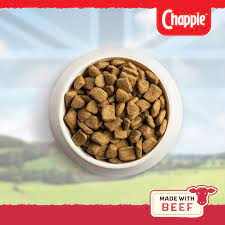 Chappie Beef & Whole Grain Cereal Dry Dog Food kibble in bowl with beef logo.
