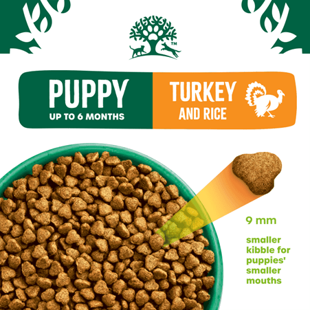 James Wellbeloved Puppy Turkey & Rice dry dog food with 9mm kibble for puppies up to 6 months, hypo-allergenic and nutritious.