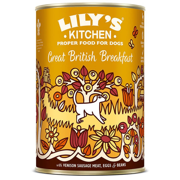 Lily's Kitchen Great British Breakfast wet dog food with venison sausage, ham, eggs, and beans in a 400g can