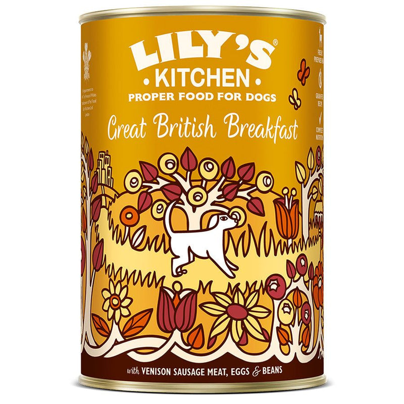 Lily's Kitchen Great British Breakfast wet dog food with venison sausage, ham, eggs, and beans in a 400g can