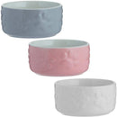 Mason Cash Small Animal Bowl set in blue, pink, and white stoneware with embossed paw design for small pets