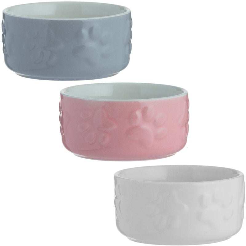 Mason Cash Small Animal Bowl set in blue, pink, and white stoneware with embossed paw design for small pets