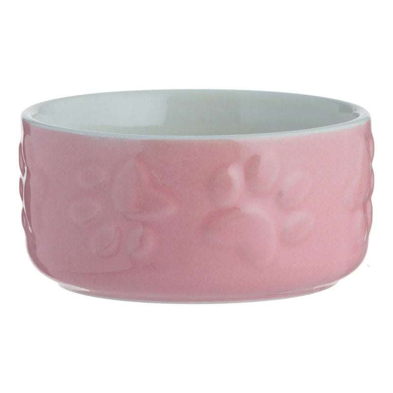Mason Cash small animal bowl in pink stoneware with embossed paw design.