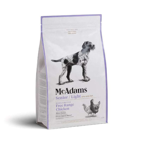 McAdams Senior Light Free Range Chicken Dry Dog Food bag for older or less active dogs with low-fat and joint care support