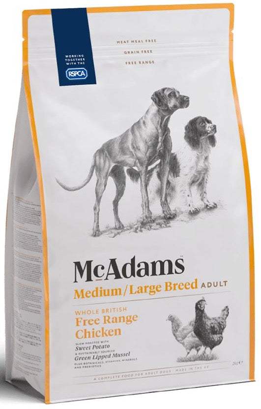 McAdams Chicken Medium Breed dog food bag featuring free-range chicken for medium and large adult dogs
