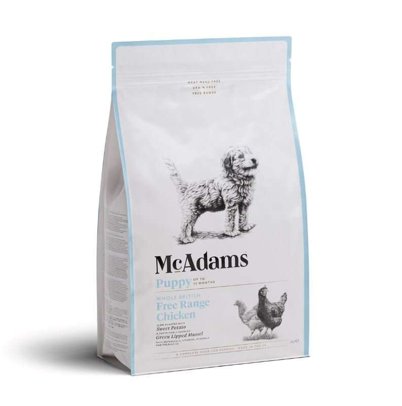 McAdams Puppy Free Range Chicken dry dog food bag with puppy and chicken illustration grain-free nutritious kibble