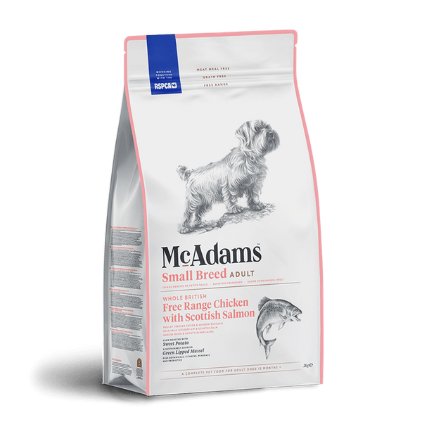 McAdams Small Breed dry dog food with free range chicken and Scottish salmon, grain-free and oven-baked formula for small dogs