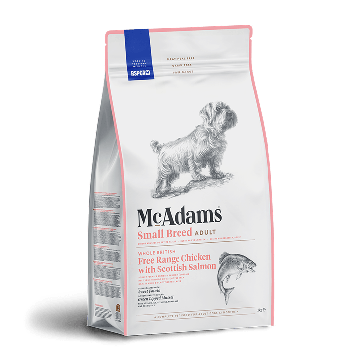 McAdams Small Breed dry dog food with free range chicken and Scottish salmon, grain-free and oven-baked formula for small dogs