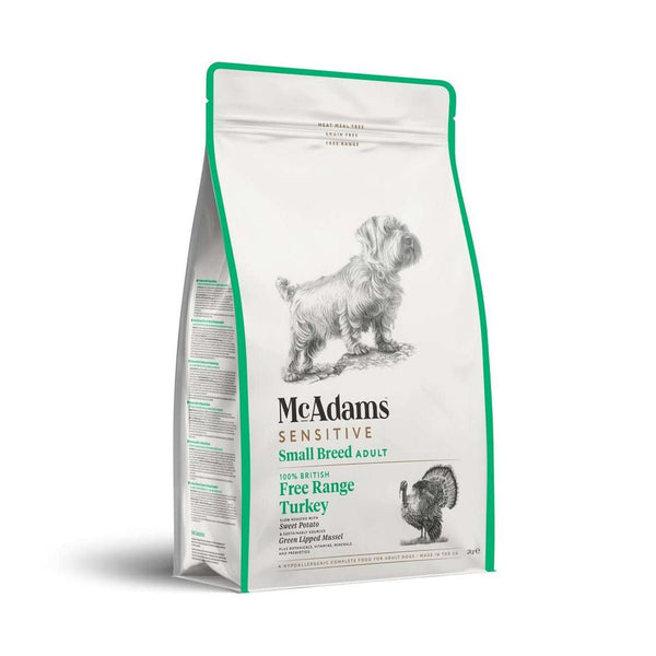 McAdams Small Breed Dog Food with free range turkey for sensitive adult dogs