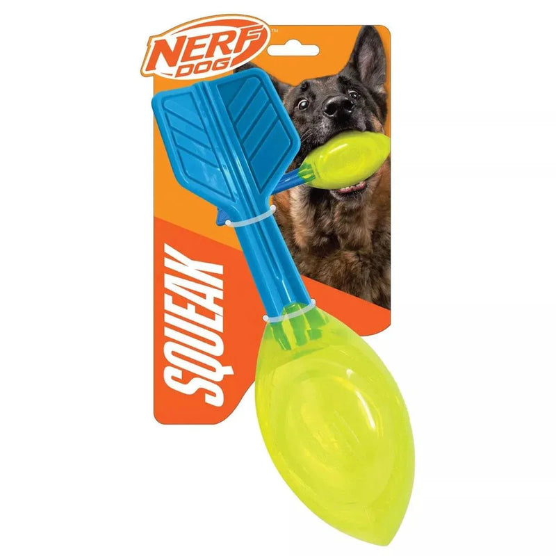 Nerf Dog TPR Squeak Vortex 12 inch blue and green durable squeaky fetch toy for dogs in packaging