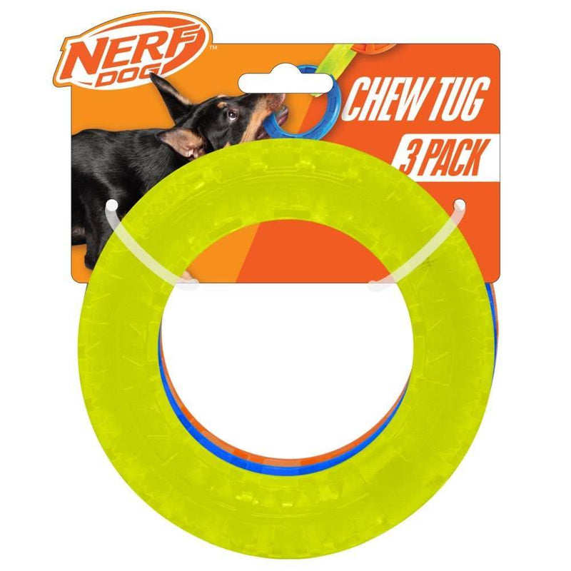 Nerf Dog Translucent TPR EXO Spike Ring durable chew toy pack with green, blue, and orange rings for tough dog play