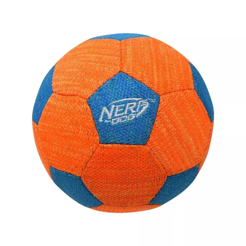 Nerf Dog X-Weave squeaky soccer ball in orange and blue for durable dog play