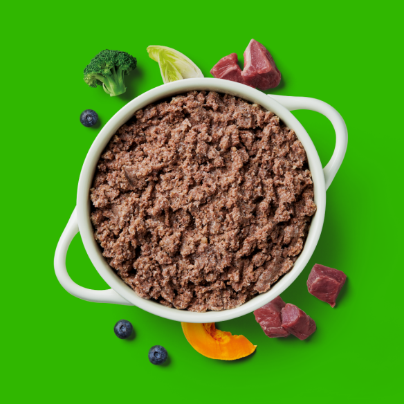 Gently steamed lamb dog food in white bowl with fresh ingredients surrounding.
