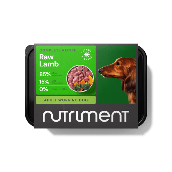Nutriment Lamb Raw Dog Food tray with 85% meat, 15% vegetables, and no grains for adult working dogs