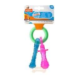 Nylabone puppy teething pacifier chew toy with two textured flexible bones in blue and pink for small puppies