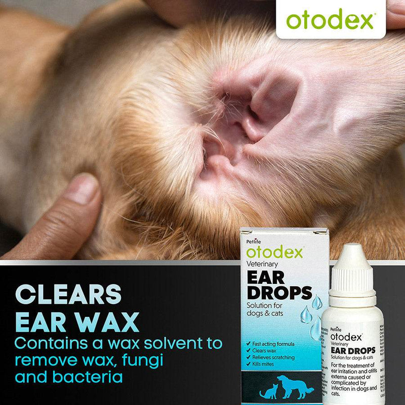 Otodex Veterinary Ear Drops for fast relief of ear wax, mites, fungi, and bacterial infections in dogs and cats.