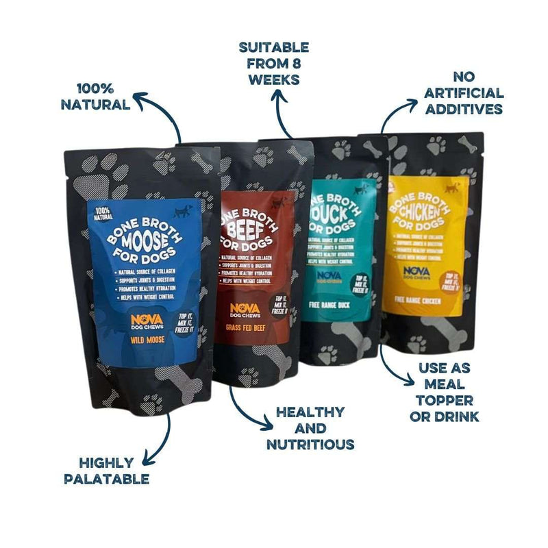 Premium Free-Range Chicken Bone Broth for Dogs 230ml, natural, no additives, supports digestion and joint health, meal topper or drink, suitable from 8 weeks.