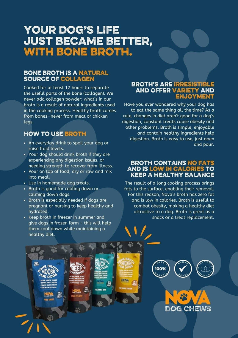 Premium free-range chicken bone broth for dogs in 230ml pouch, natural collagen-rich hydration and joint support supplement.