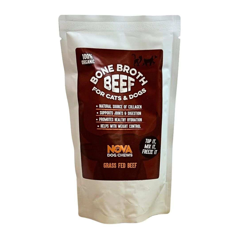 230ml bag of premium grass-fed beef bone broth for dogs, natural collagen source supporting joints, digestion, and hydration.