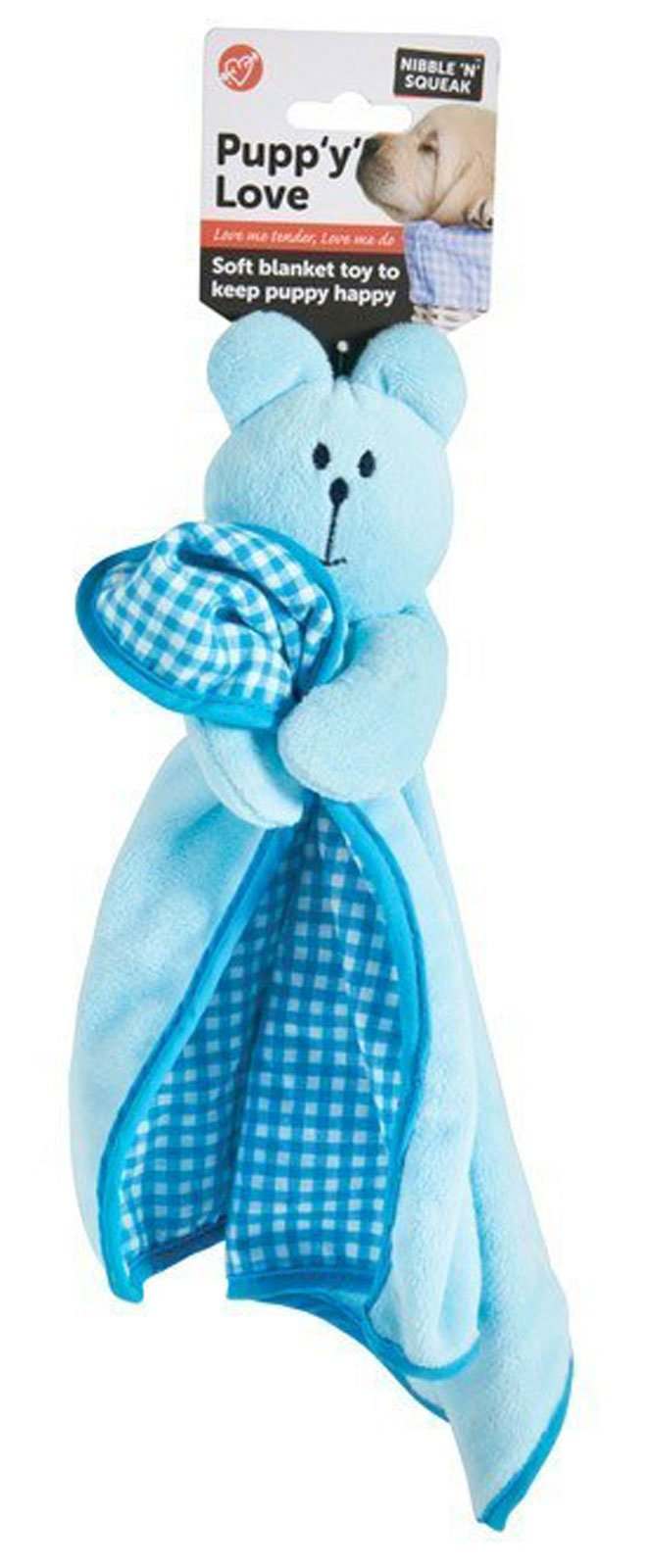 Puppy Love Blankie soft blue plush puppy toy with checkered blanket interior