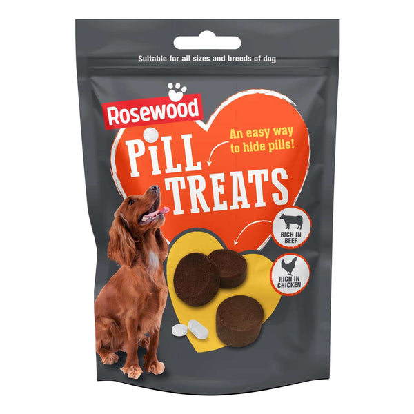 Rosewood Dog Pill Treats packaging with dog image, treats, and pill hiding feature, rich in beef and chicken.
