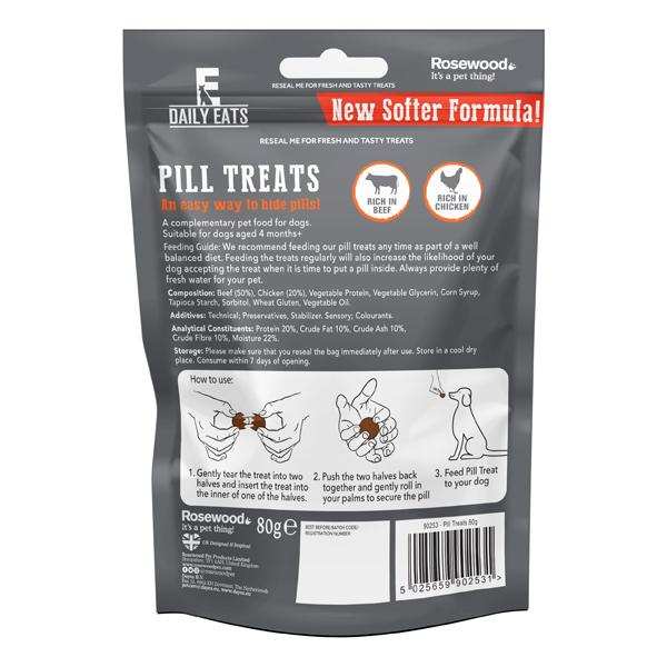 Back of Rosewood Dog Pill Treats packaging showing instructions and ingredients for easy pill hiding treats rich in beef and chicken