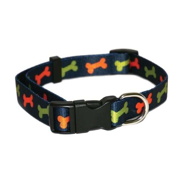 Rosewood Wag n Walk dog collar with multicolor bone print on navy nylon, adjustable with quick release buckle