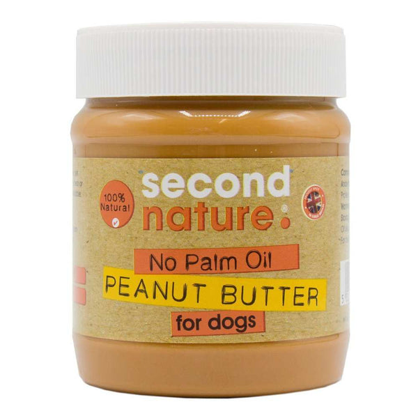 Second Nature Peanut Butter for Dogs jar, 100% natural, no palm oil, dog-safe peanut butter treat