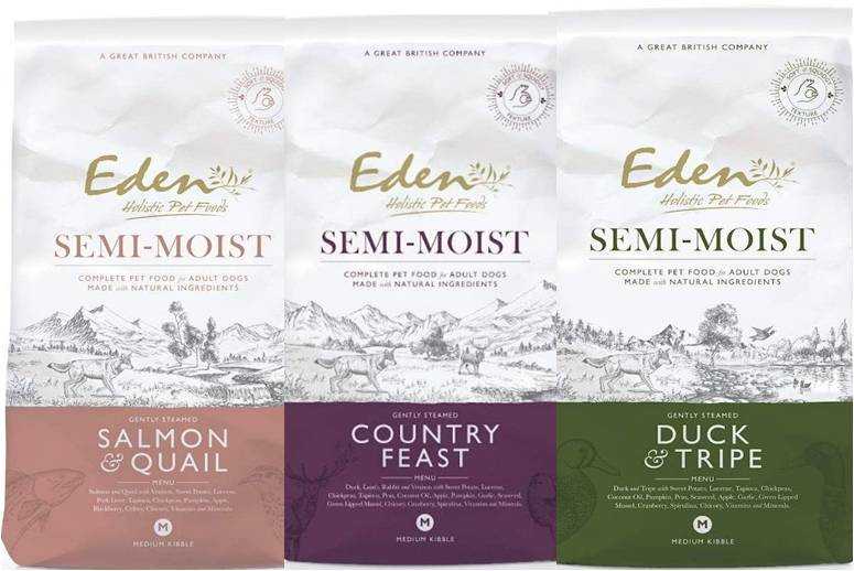 Eden Semi Moist Range Dog Sample Pack 3 x 100g Bags featuring Salmon & Quail, Country Feast, and Duck & Tripe flavors.